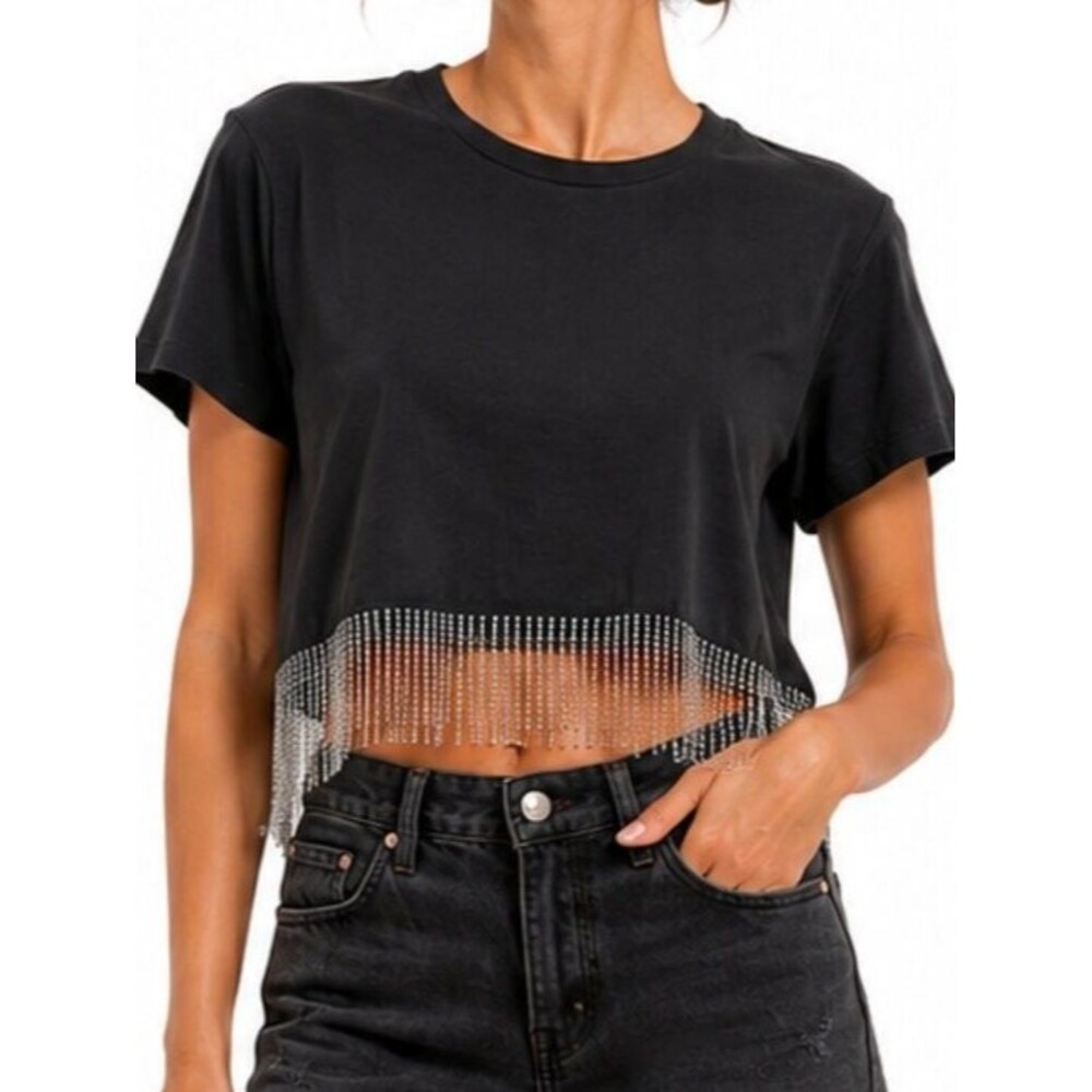 Joie Black Sparkly Crystal Fringe Cropped Top Tee Large